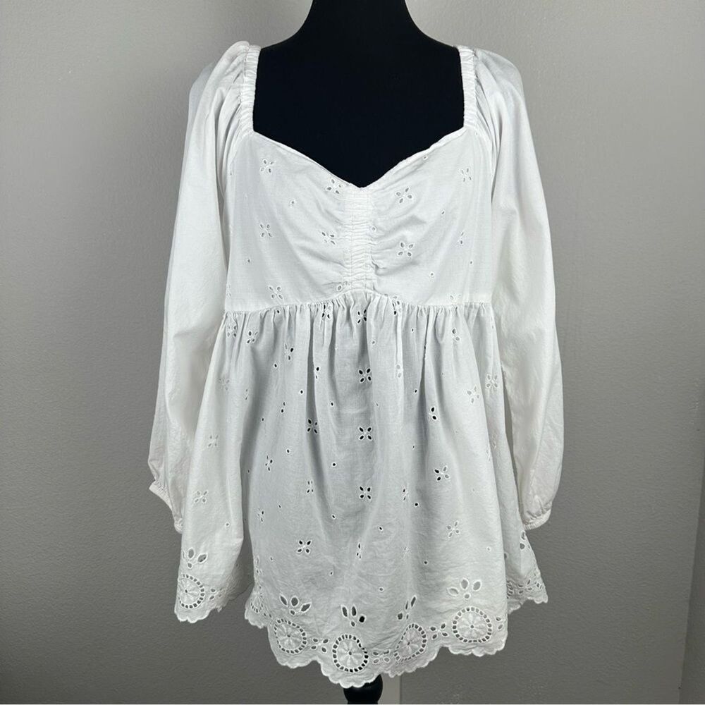 Old Navy Maternity Fit & Flare Top Womens Large White Sheer Embroidered Eyelet - Picture 2 of 12